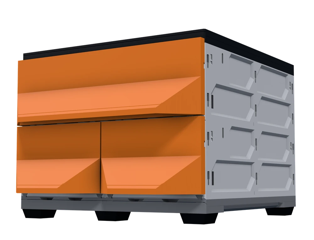 A freestanding MODULITH build: three orange drawers in grey cases with black covers and feet.